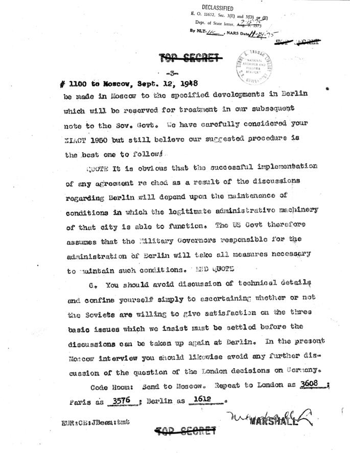 Telegram, Department of State to American Embassy, Moscow: Interview with Stalin and Molotov