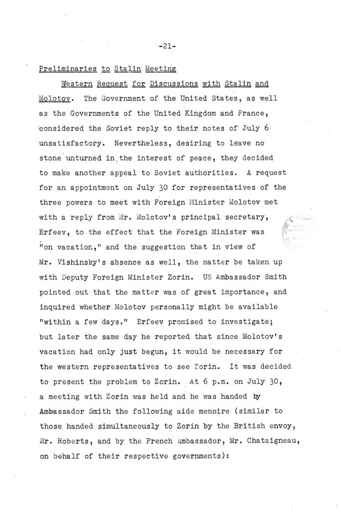 The Berlin Crisis: Report on the Moscow Discussions, 1948