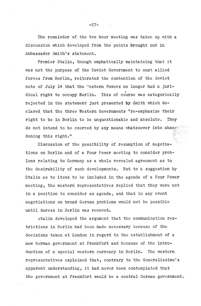 The Berlin Crisis: Report on the Moscow Discussions, 1948