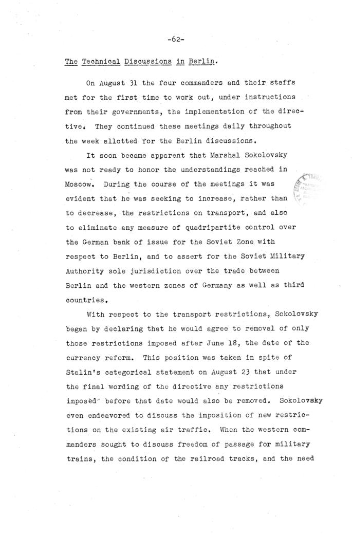 The Berlin Crisis: Report on the Moscow Discussions, 1948