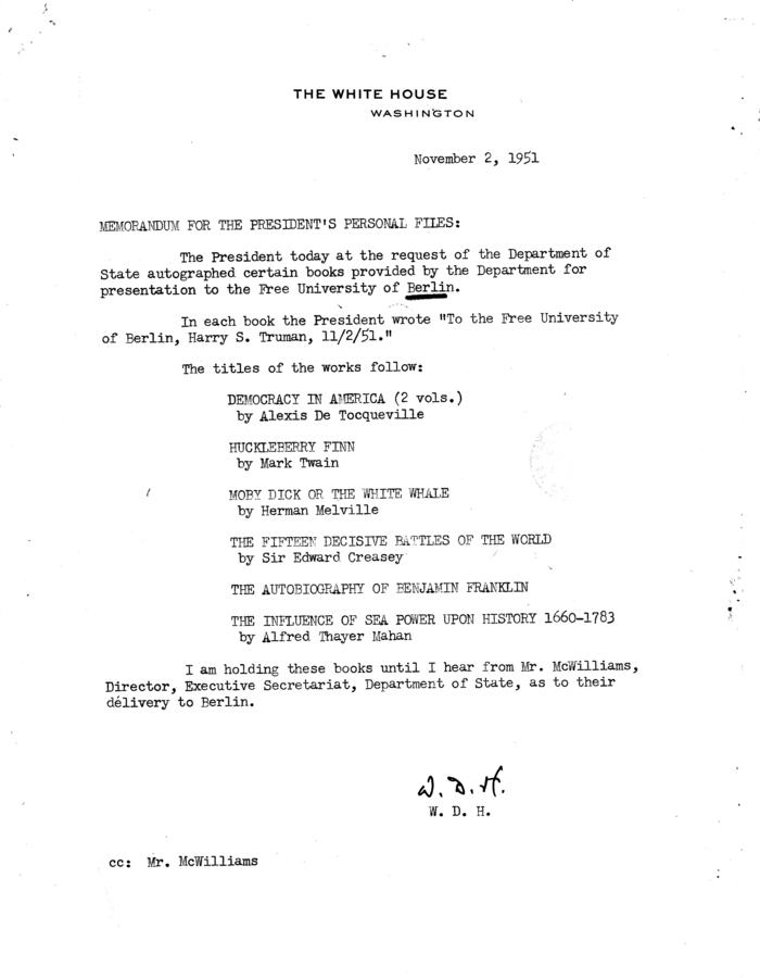 Memo for File, re: Books Given to Free University of Berlin and Signed by Harry S. Truman