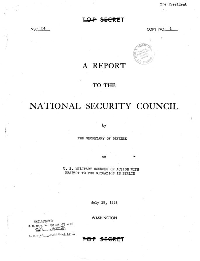 Report to the National Security Council: U.S. Military Courses of Action with Respect to the Situation in Berlin