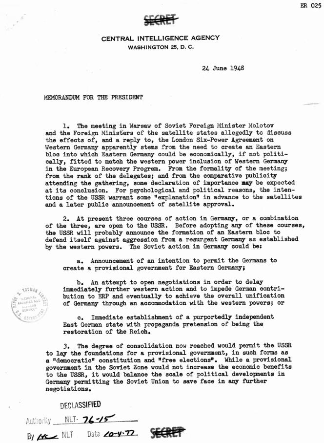 R. H. Hillenkoetter to Harry S. Truman