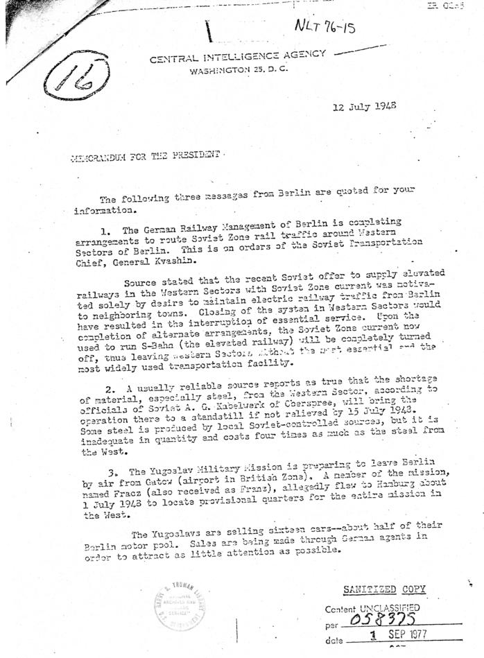 R.H. Hillenkoetter to Harry S. Truman