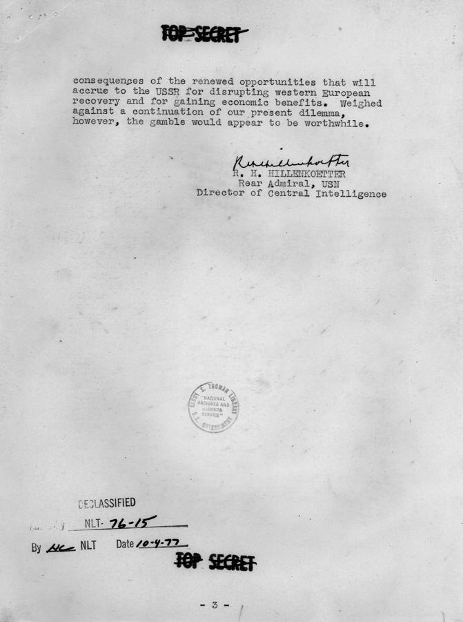R.H. Hillenkoetter to Harry S. Truman