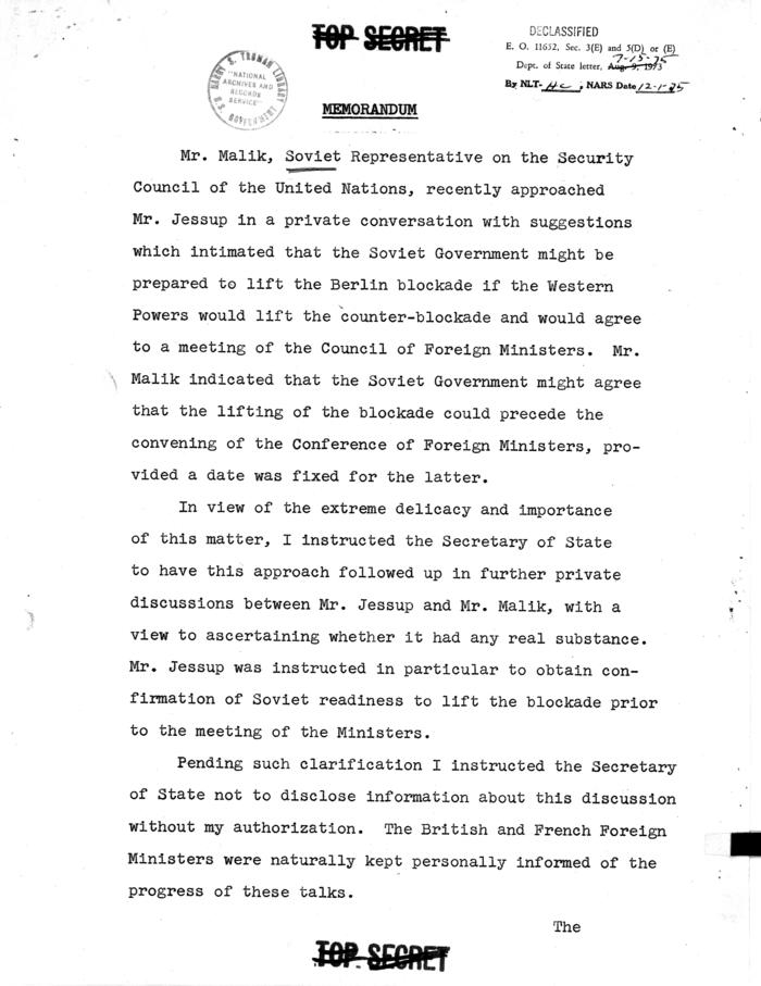 Memo re: Soviet Lifting of Blockade