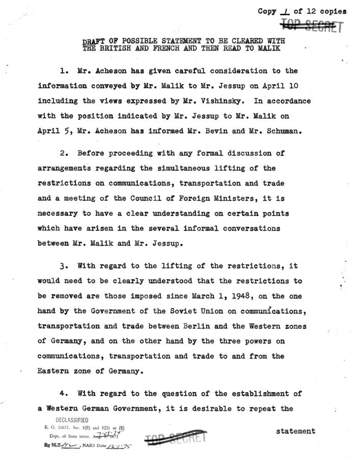 Memo re: Soviet Lifting of Blockade