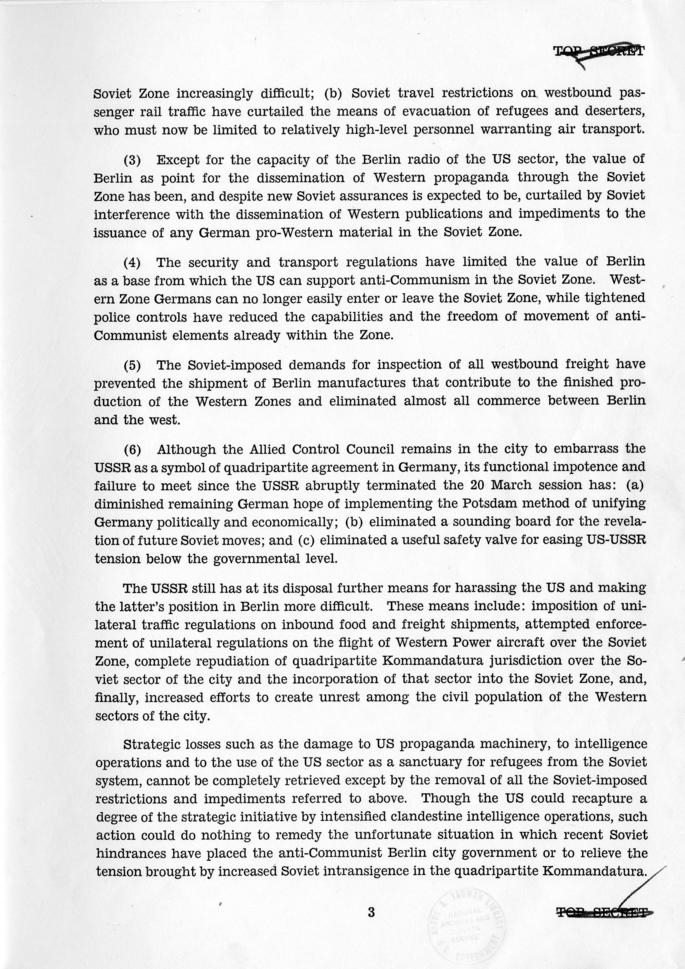 Effect of Soviet Restrictions on the U.S. Position in Berlin