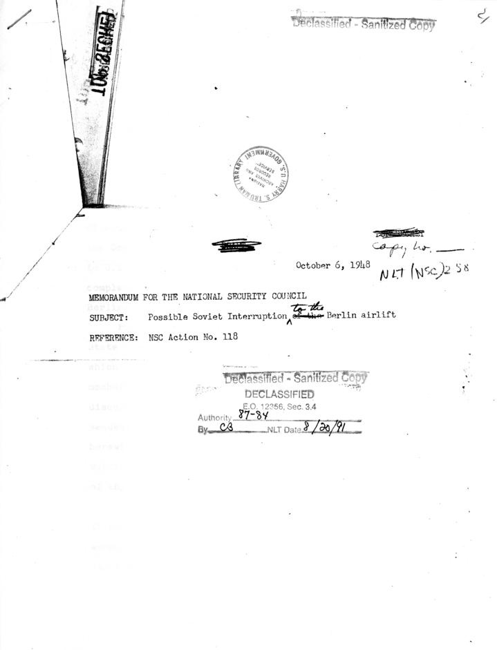 National Security Council Memo re: possible Soviet interruption of airlift