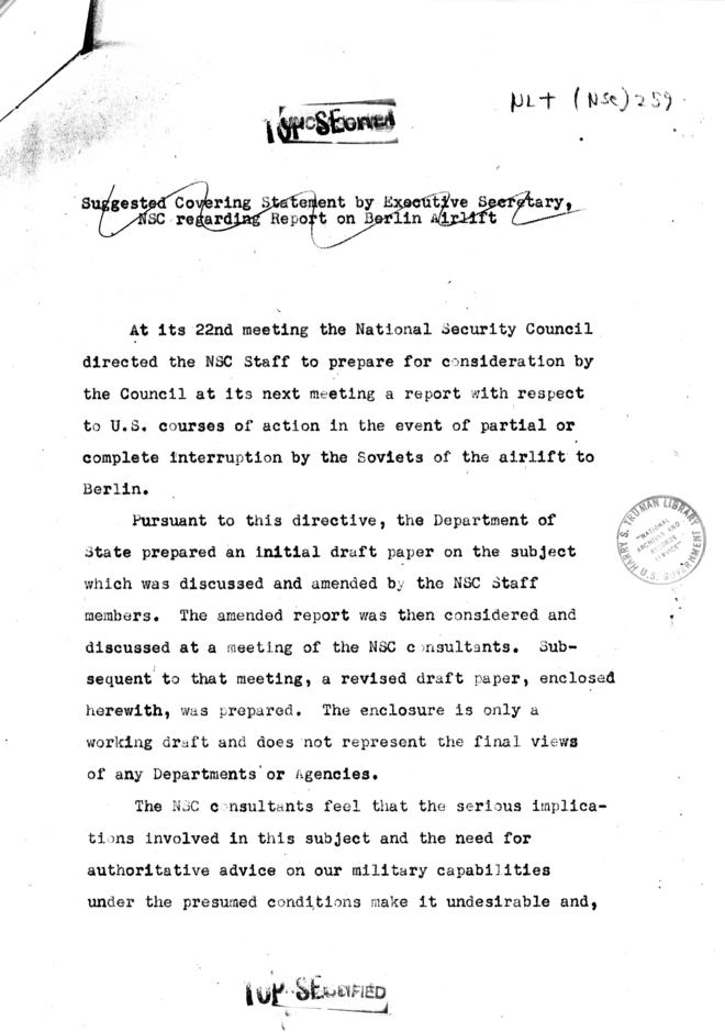 National Security Council Memo re: possible Soviet interruption of airlift