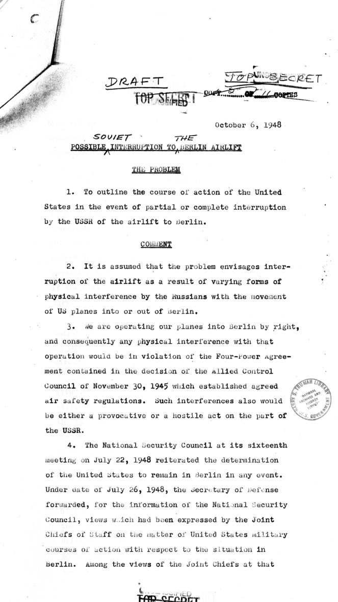 National Security Council Memo re: possible Soviet interruption of airlift