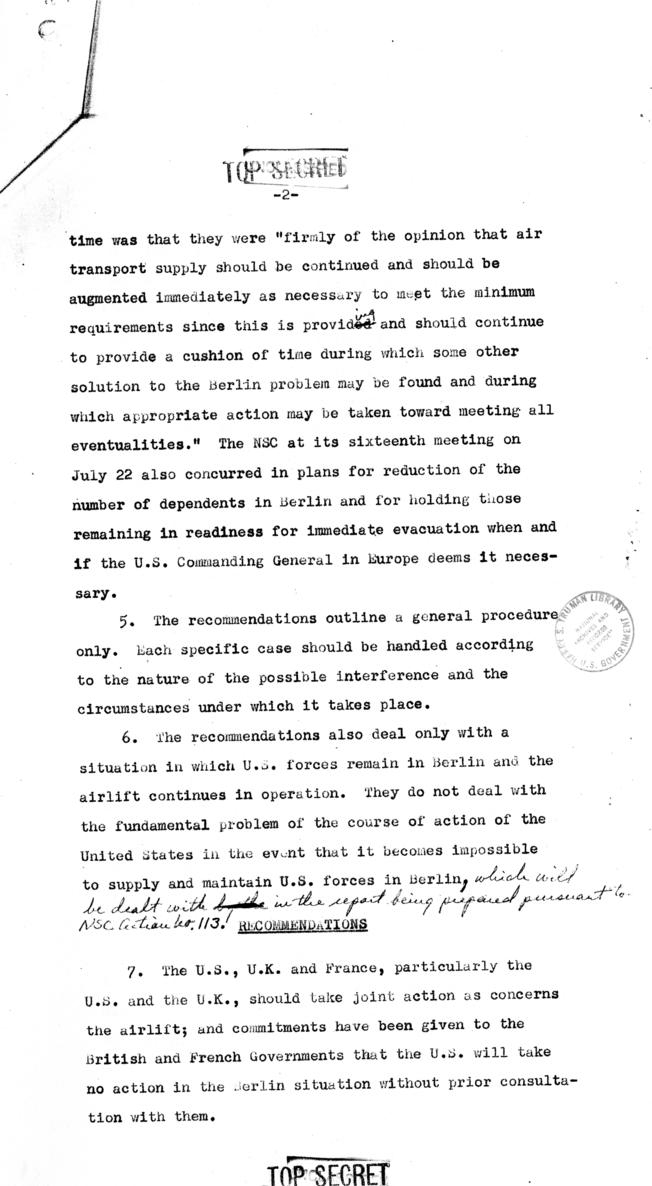 National Security Council Memo re: possible Soviet interruption of airlift