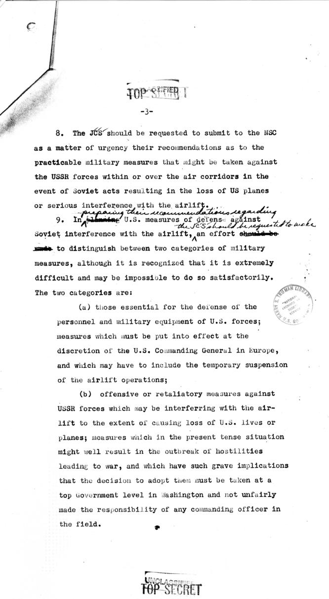 National Security Council Memo re: possible Soviet interruption of airlift