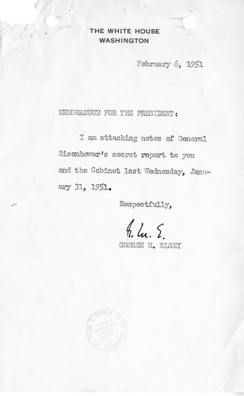 George Elsey to Harry S. Truman, with attached minutes of meeting with Dwight Eisenhower