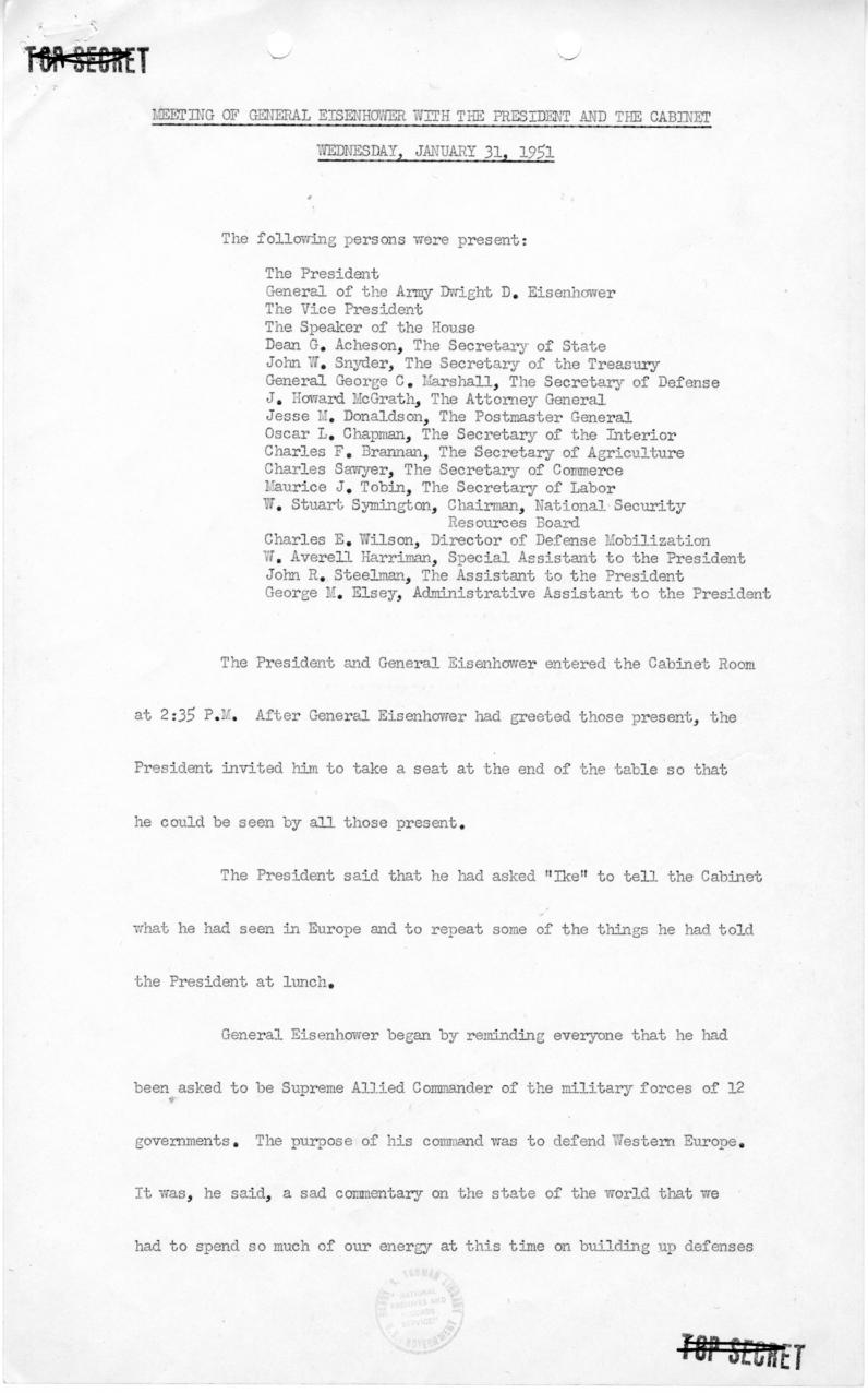 George Elsey to Harry S. Truman, with attached minutes of meeting with Dwight Eisenhower