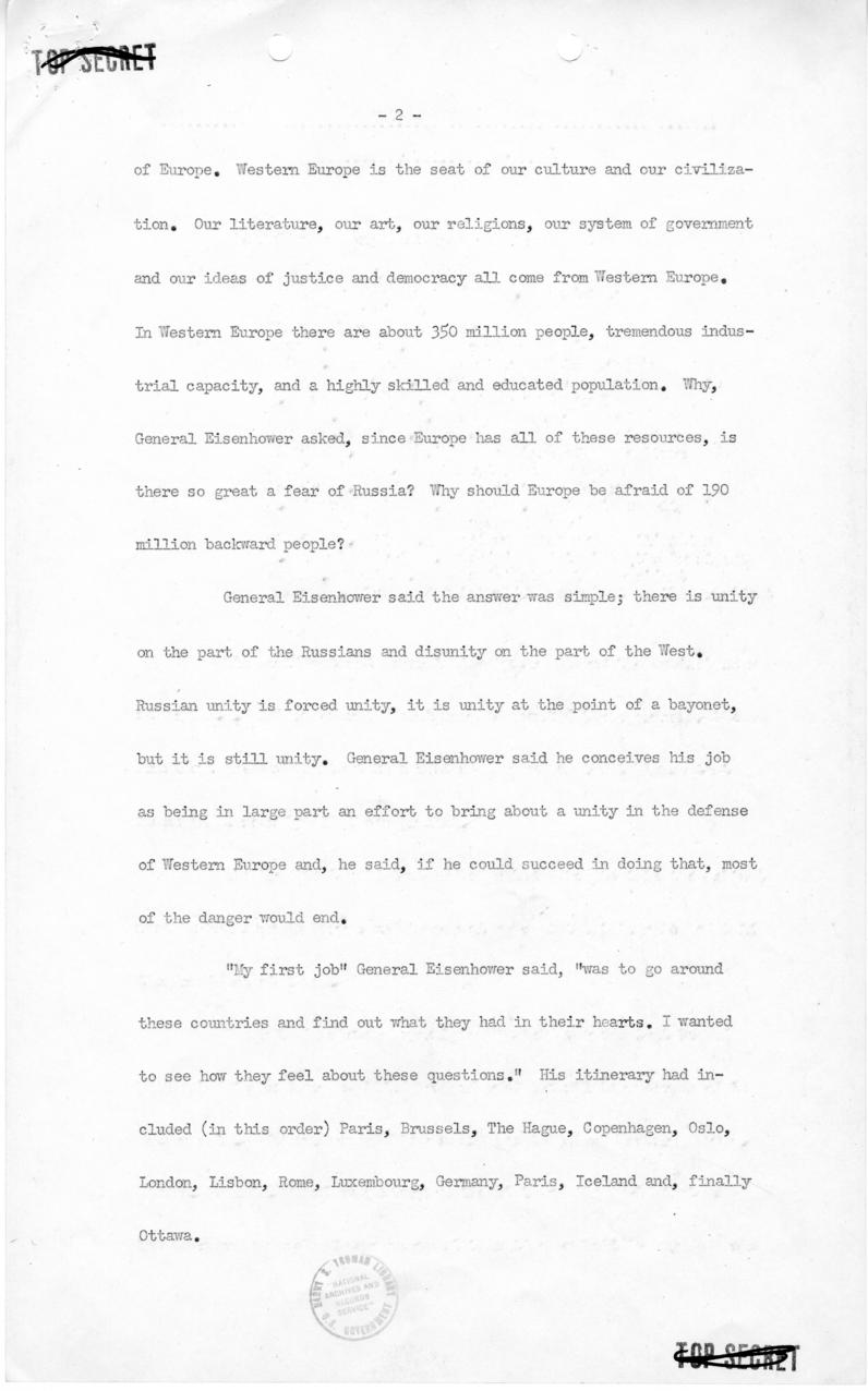 George Elsey to Harry S. Truman, with attached minutes of meeting with Dwight Eisenhower