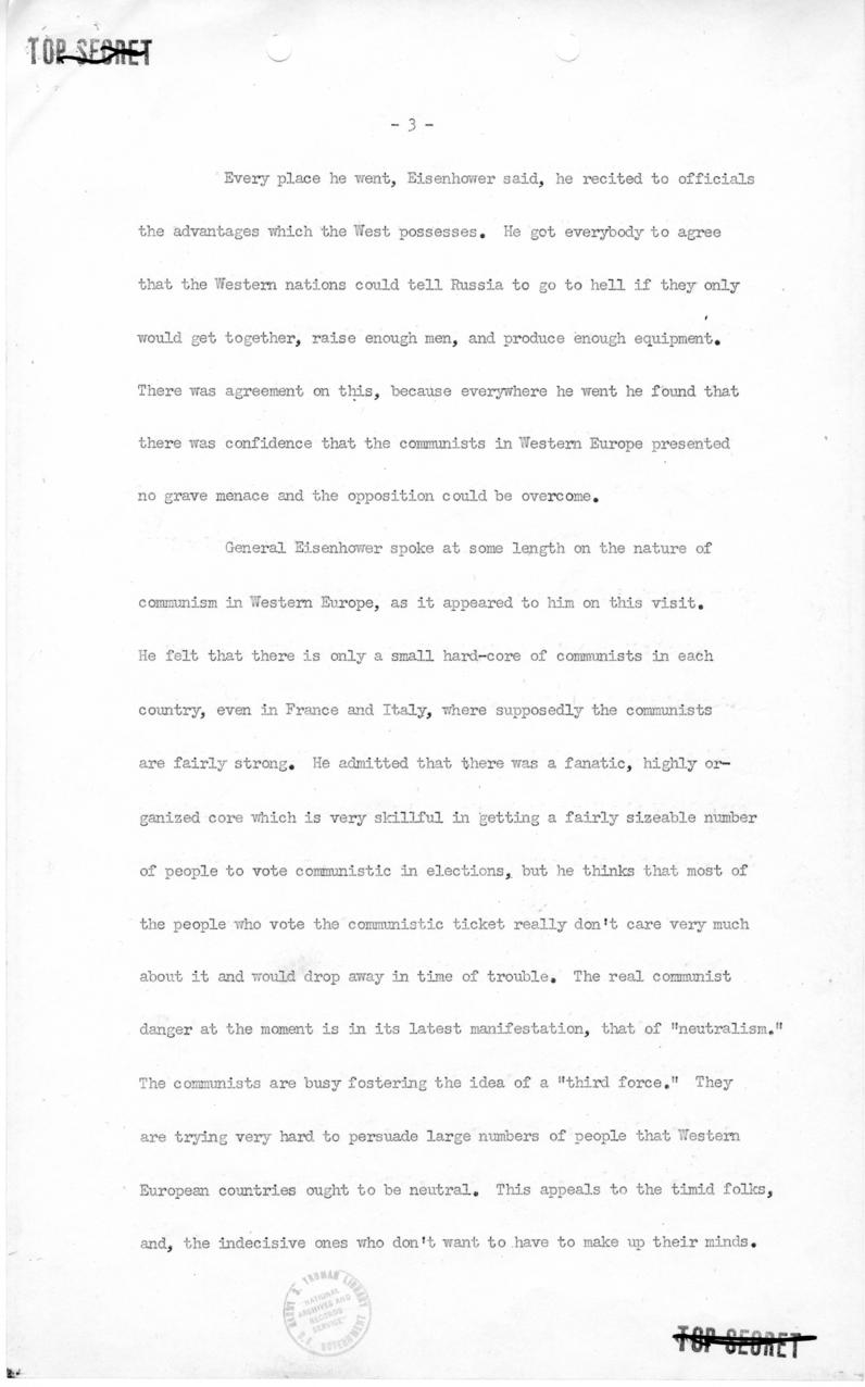 George Elsey to Harry S. Truman, with attached minutes of meeting with Dwight Eisenhower