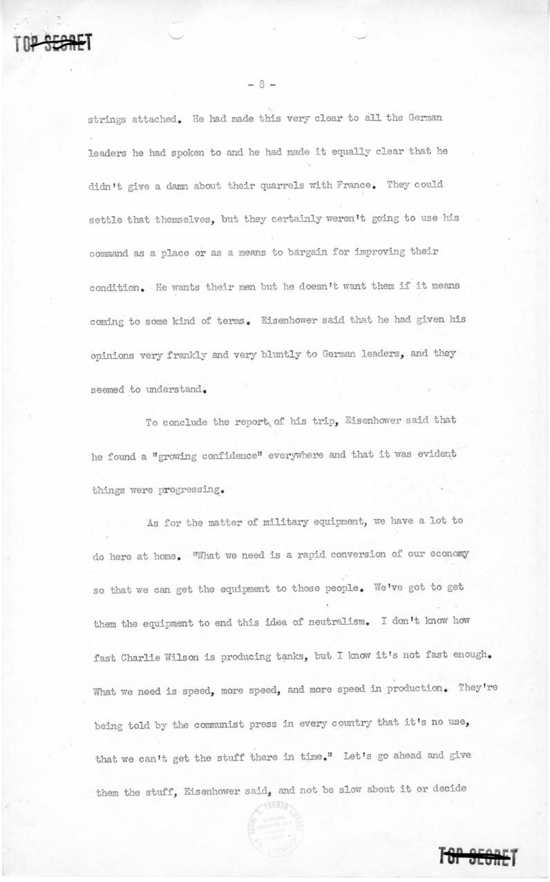 George Elsey to Harry S. Truman, with attached minutes of meeting with Dwight Eisenhower