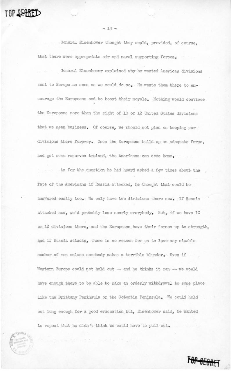 George Elsey to Harry S. Truman, with attached minutes of meeting with Dwight Eisenhower