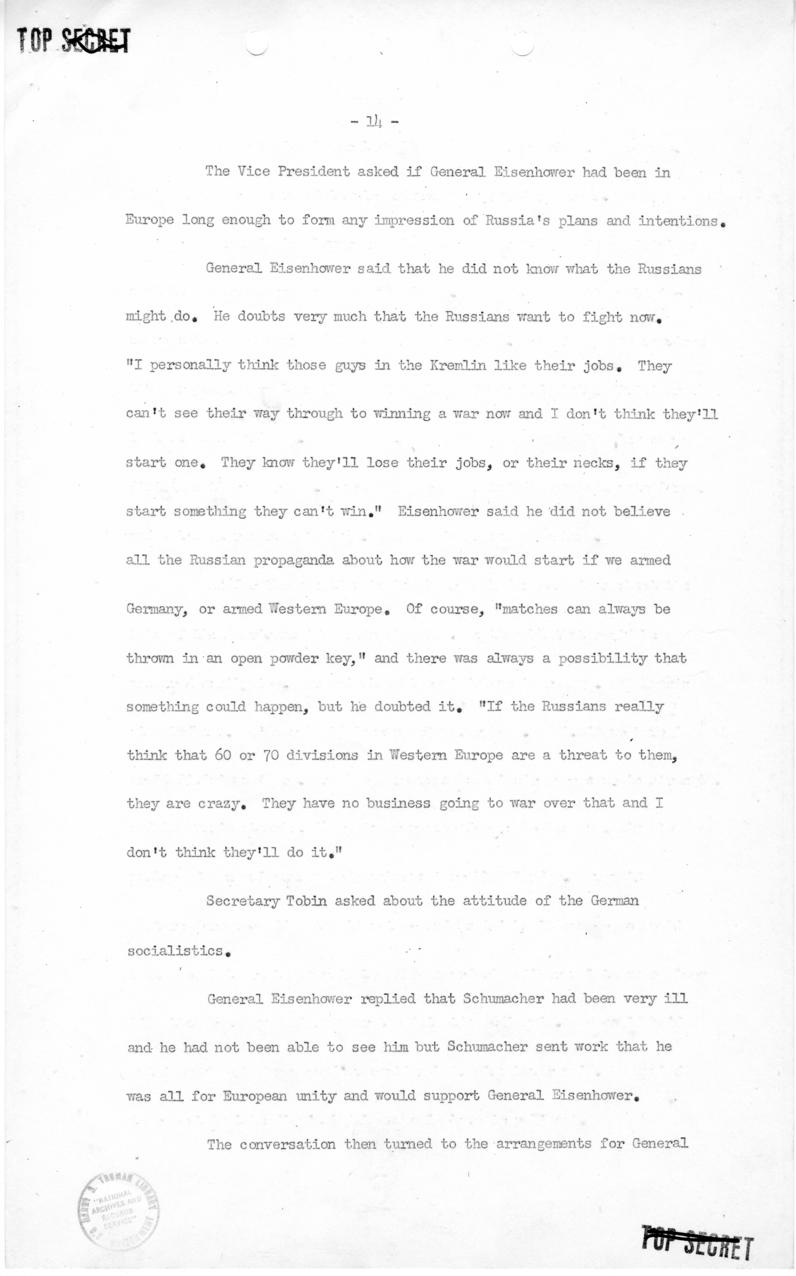 George Elsey to Harry S. Truman, with attached minutes of meeting with Dwight Eisenhower