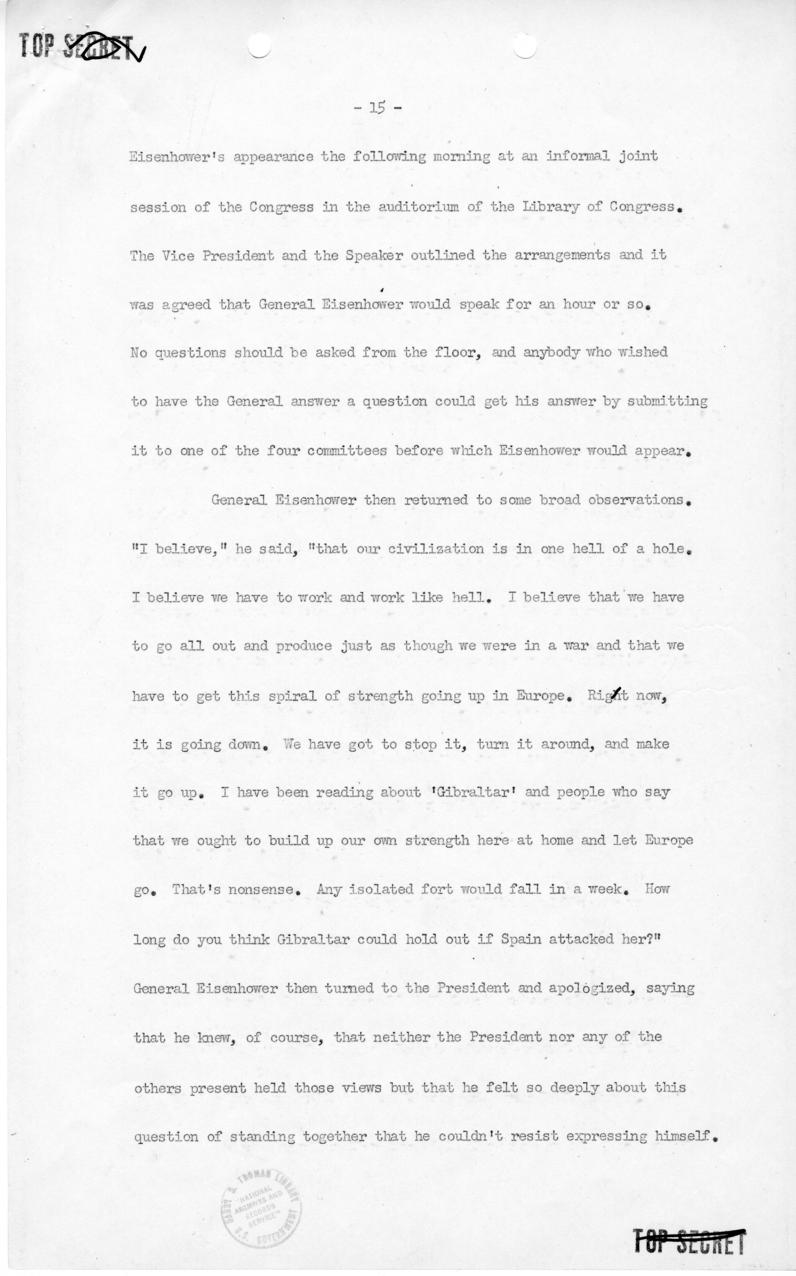 George Elsey to Harry S. Truman, with attached minutes of meeting with Dwight Eisenhower