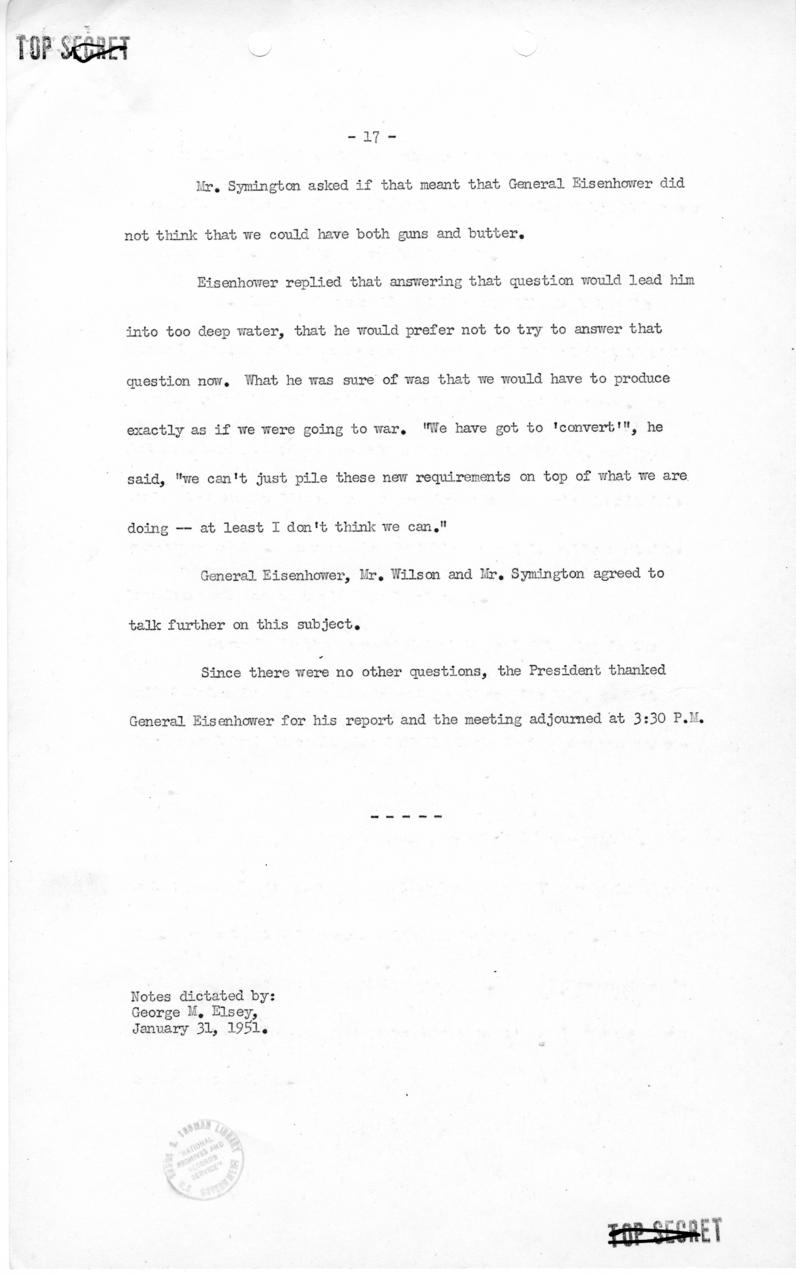 George Elsey to Harry S. Truman, with attached minutes of meeting with Dwight Eisenhower