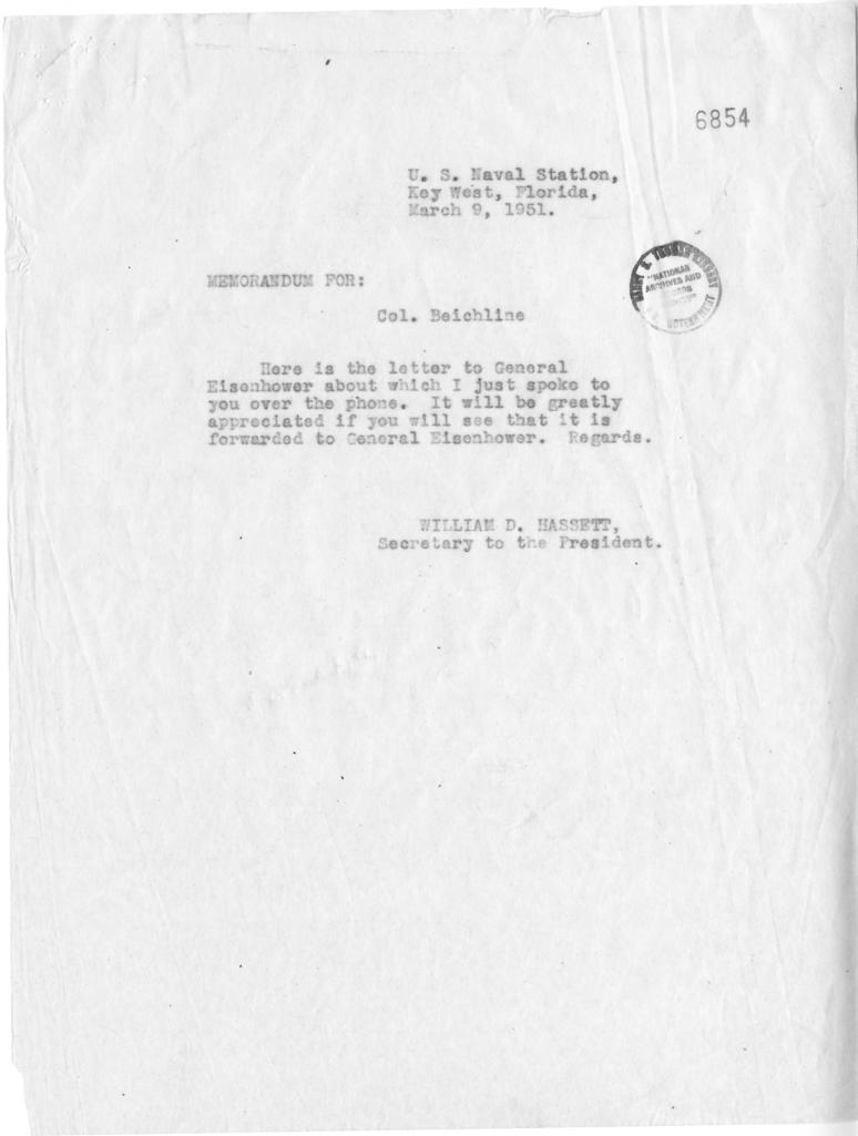 William Hassett to Colonel Beichline, with attachment