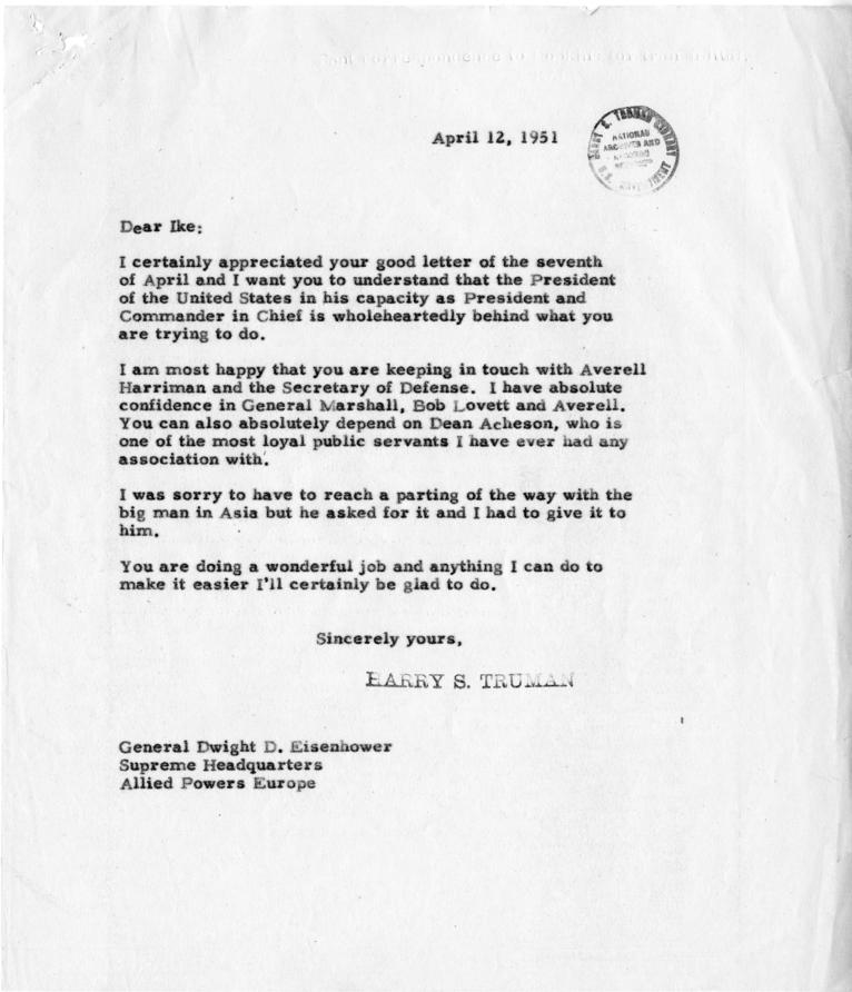 Correspondence between Dwight D. Eisenhower and Harry S. Truman