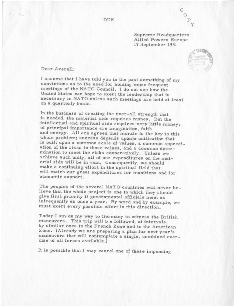 Harry S. Truman to W. Averell Harriman, with attachment