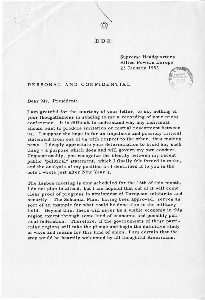 Correspondence between Dwight D. Eisenhower and Harry S. Truman