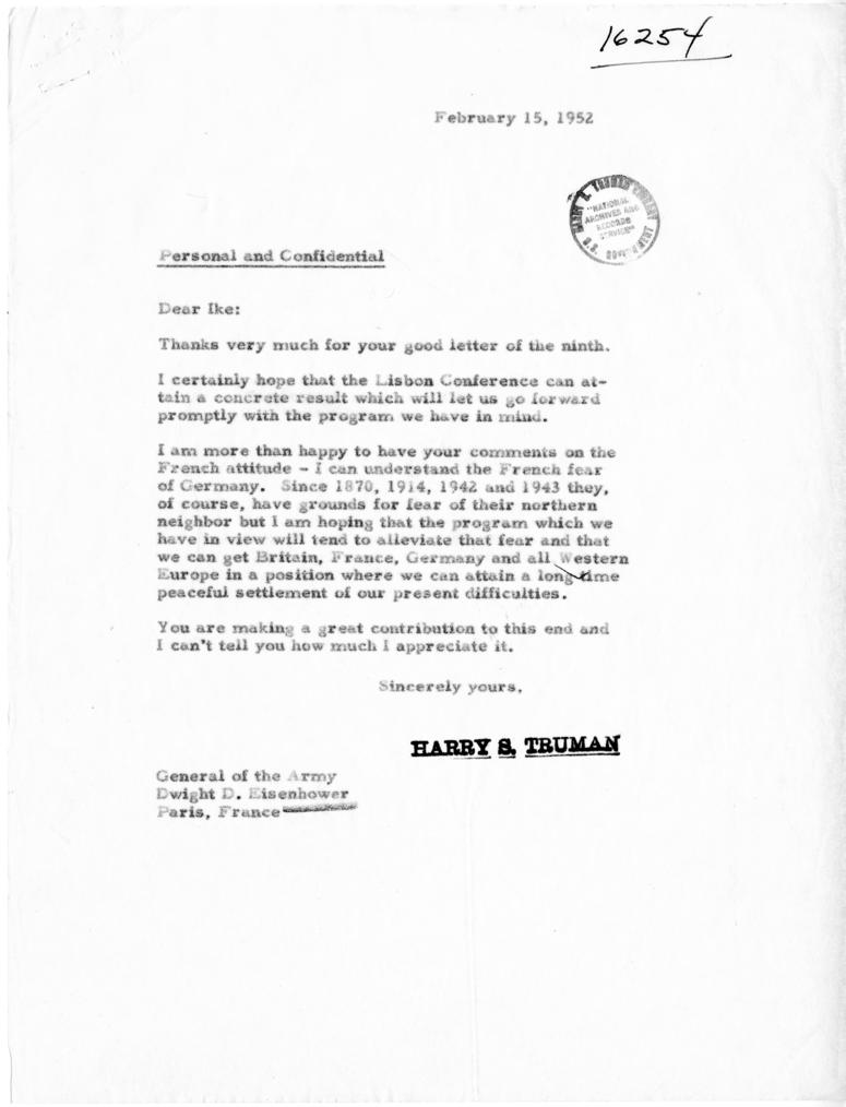 Correspondence between Dwight D. Eisenhower and Harry S. Truman