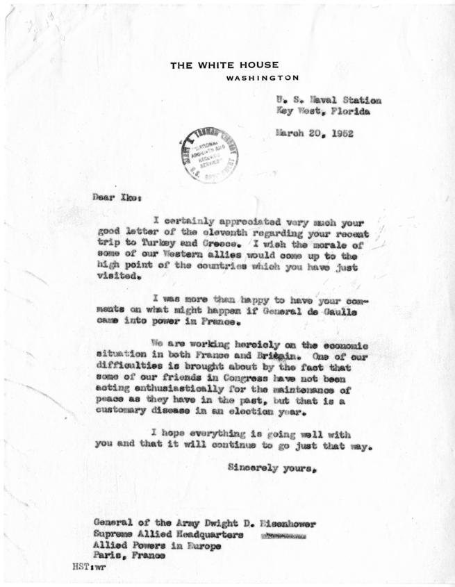 Correspondence between Dwight D. Eisenhower and Harry S. Truman