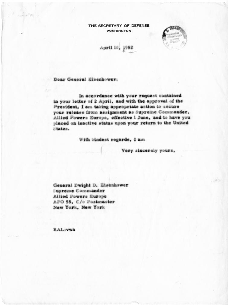 Correspondence between Robert Lovett and Dwight D. Eisenhower