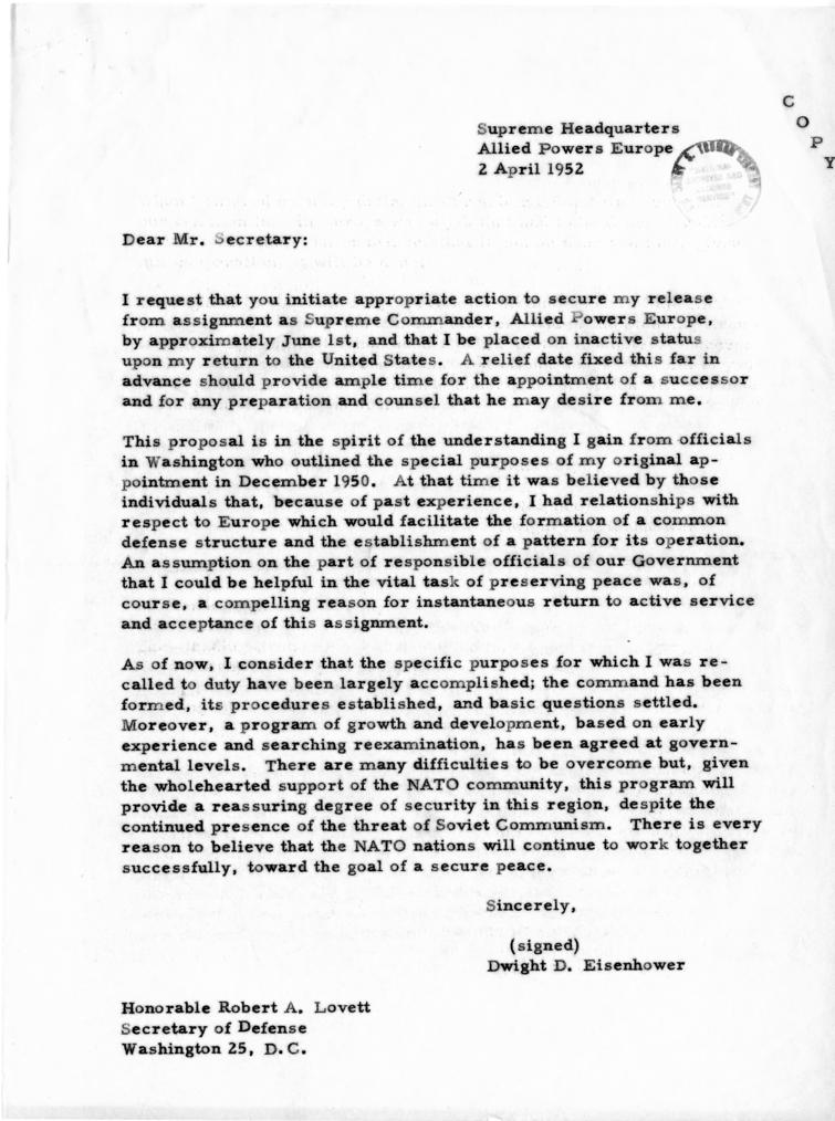 Correspondence between Robert Lovett and Dwight D. Eisenhower