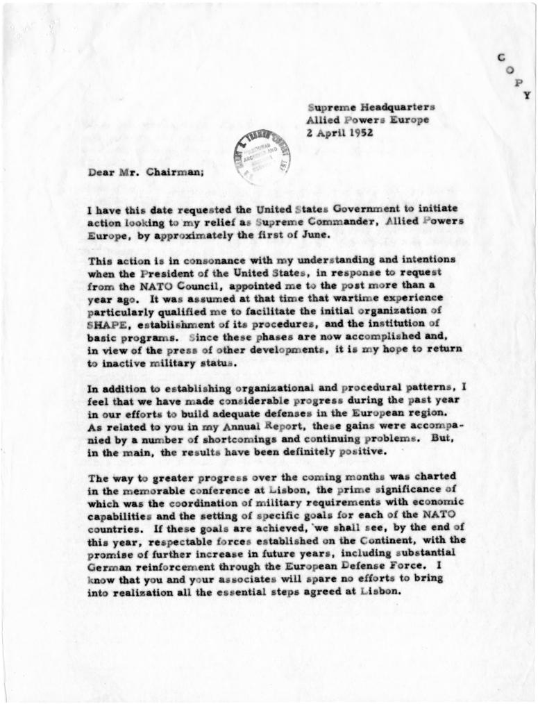Correspondence between Robert Lovett and Dwight D. Eisenhower
