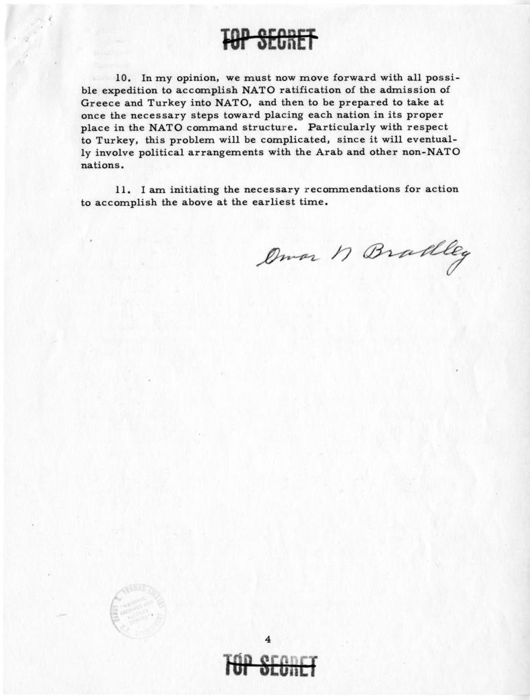 Memo, Omar Bradley to Harry S. Truman