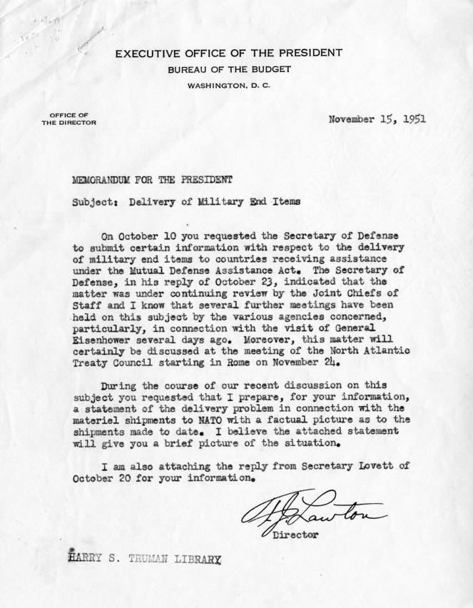 Memo, Frederick J. Lawton to Harry S. Truman, with related material