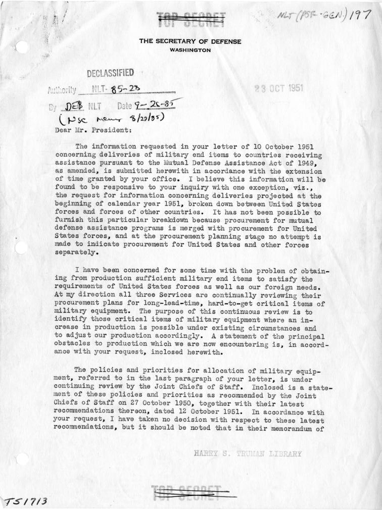 Memo, Frederick J. Lawton to Harry S. Truman, with related material