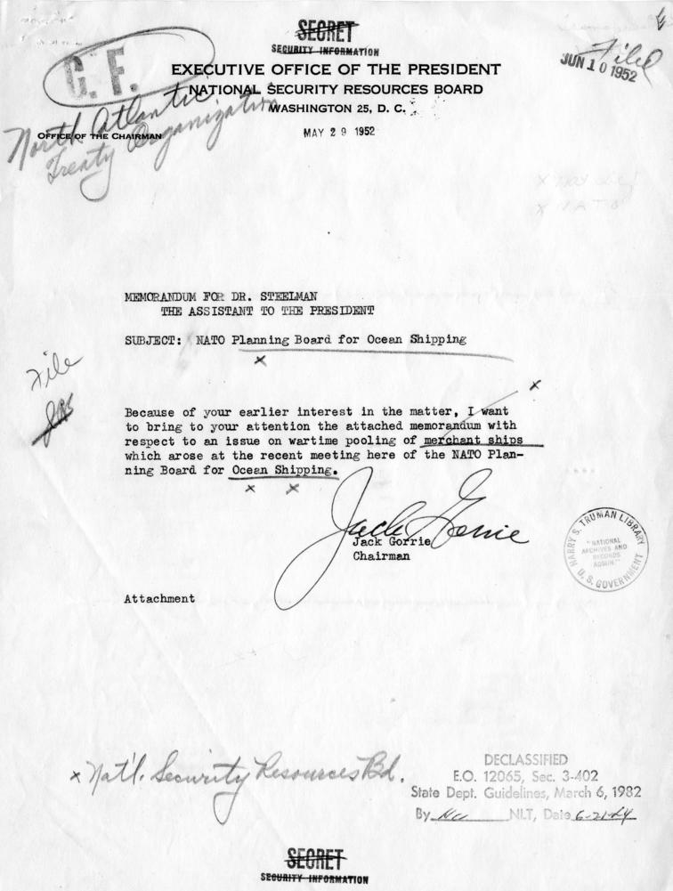 Memo, Jack Gorrie to John Steelman, with attachment