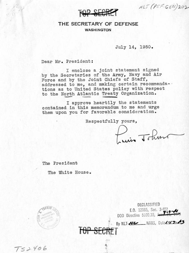 Louis Johnson to Harry S. Truman, with attachment