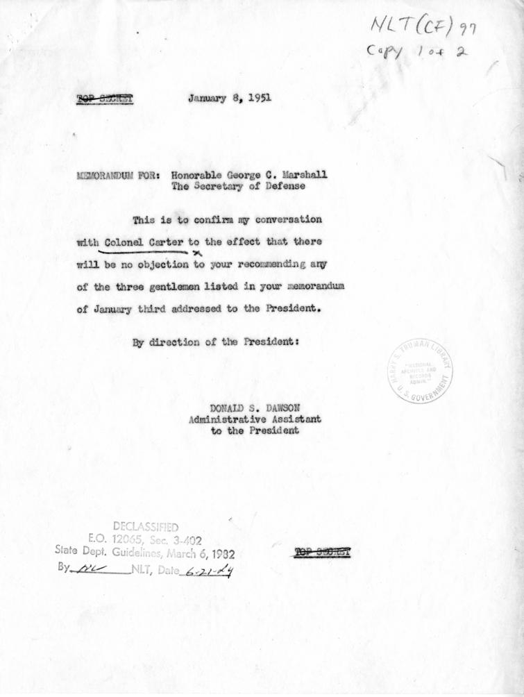 Memo, George C. Marshall to Harry S. Truman, with related material