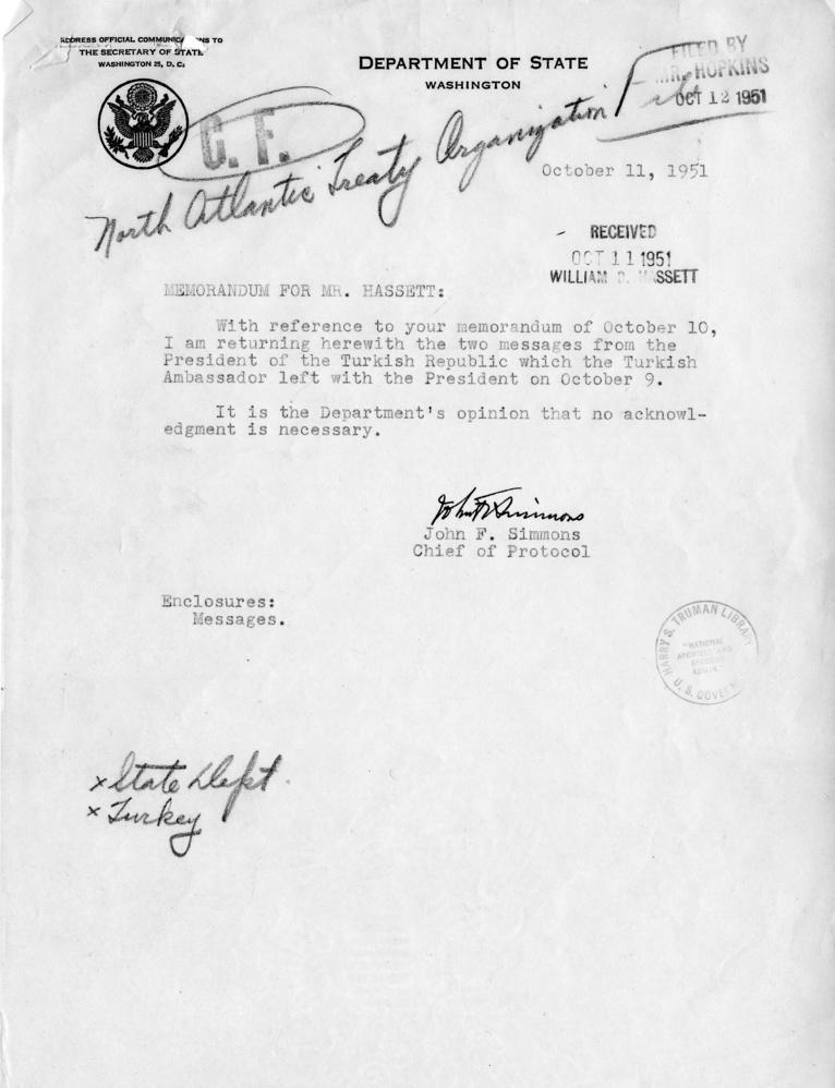 Memo, John F. Simmons to William Hassett, with related material