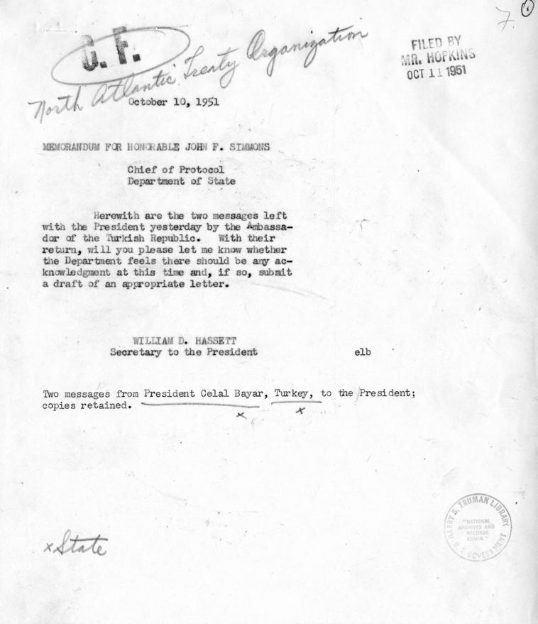 Memo, John F. Simmons to William Hassett, with related material