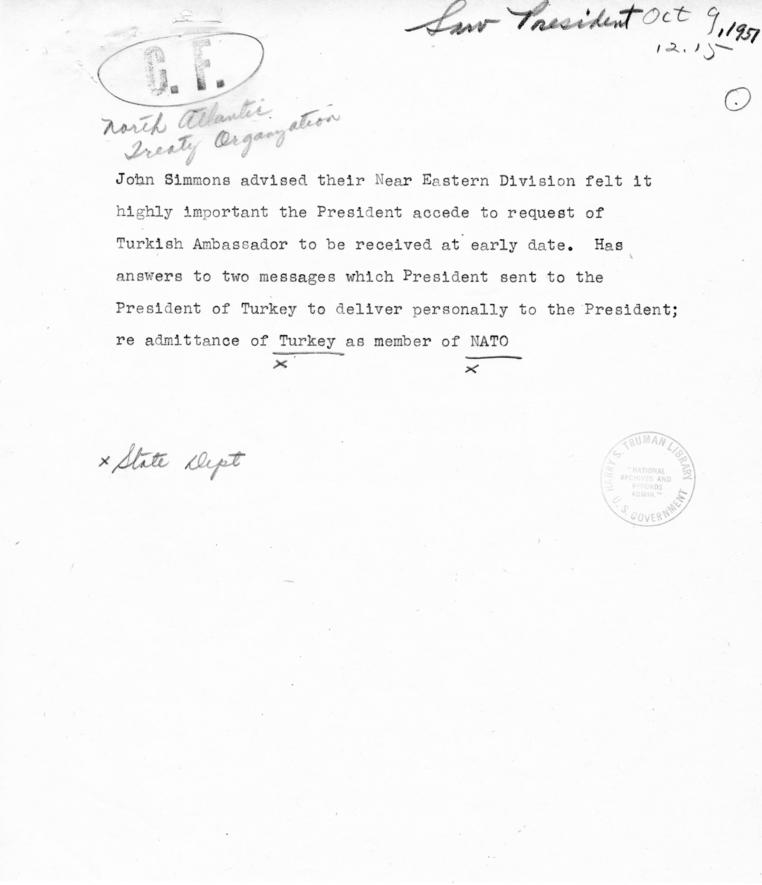 Memo, John F. Simmons to William Hassett, with related material