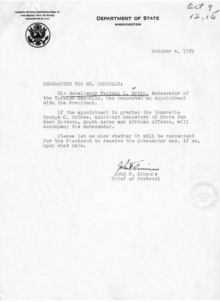 Memo, John F. Simmons to William Hassett, with related material