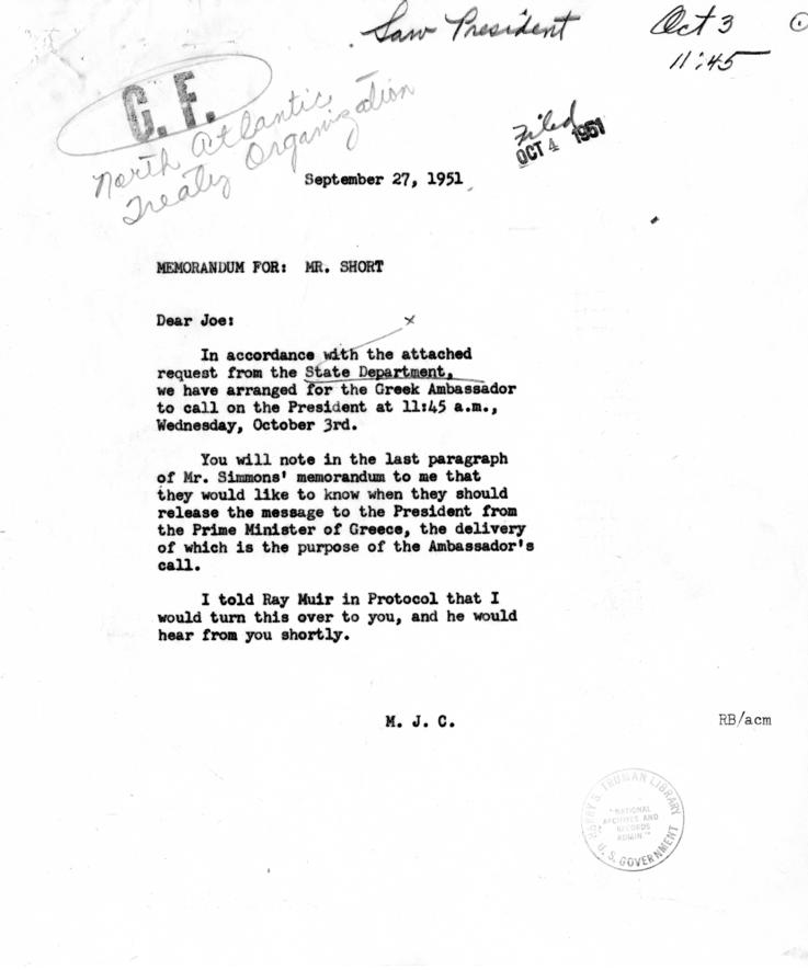 Memo, John F. Simmons to William Hassett, with related material