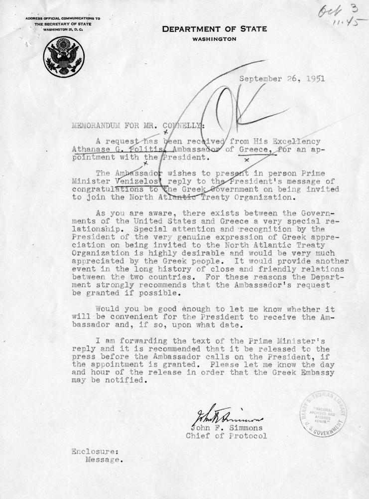 Memo, John F. Simmons to William Hassett, with related material