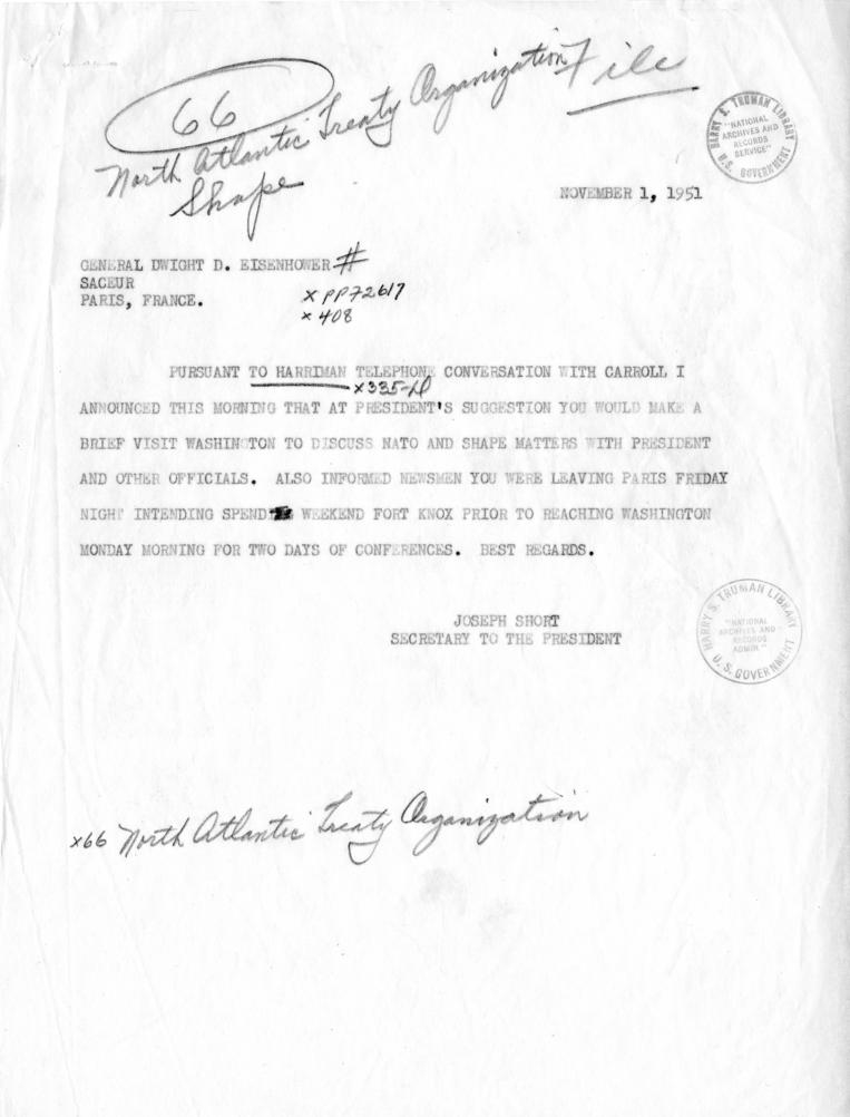 Joseph Short to Dwight D. Eisenhower