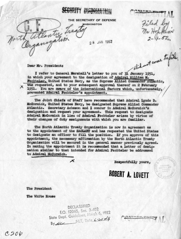 Robert A. Lovett to Harry S. Truman, with related material