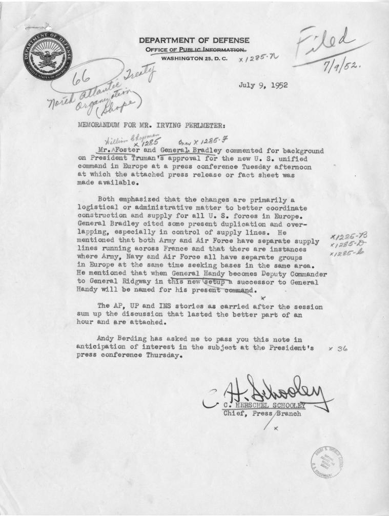 Memo, C. Herschel Schooley to Irving Perlmeter, with related material